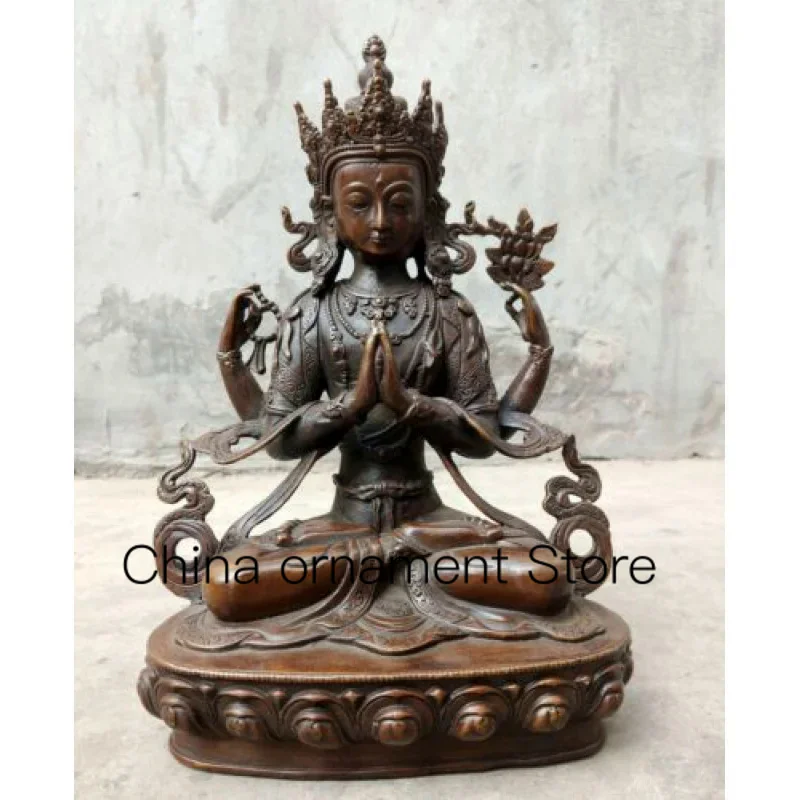 30cm Buddhist Old-Fashioned Hand Carved Bronze Statue Buddha Four-Armed Avalokiteshvara Sakyamuni