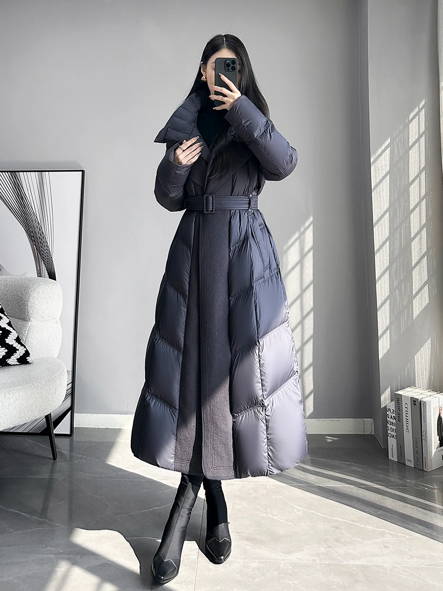 

Новое зимнее женское пуховое пальто фиолетового цвета, удлиненное, с поясом, сшитое из разных материалов, до колена, теплое, для повседневной носки, модное