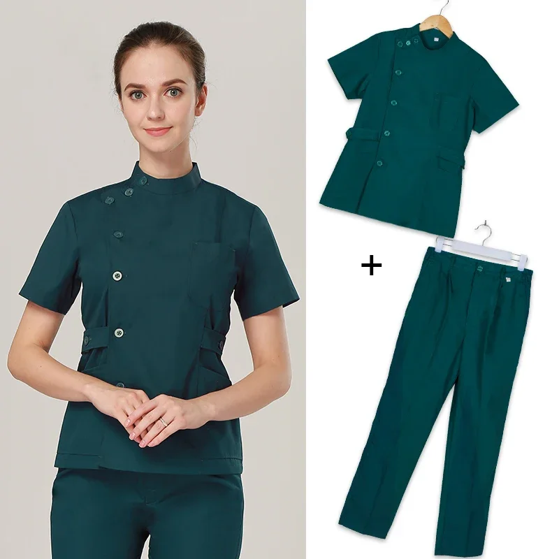 Klaring Scrub Set Uniform Effen Kleur Werkkleding Scrubs Uniformen Ronde Hals Vrouwen Mannen Werkpak Schoonheidsspecialiste Outfit Top Broek