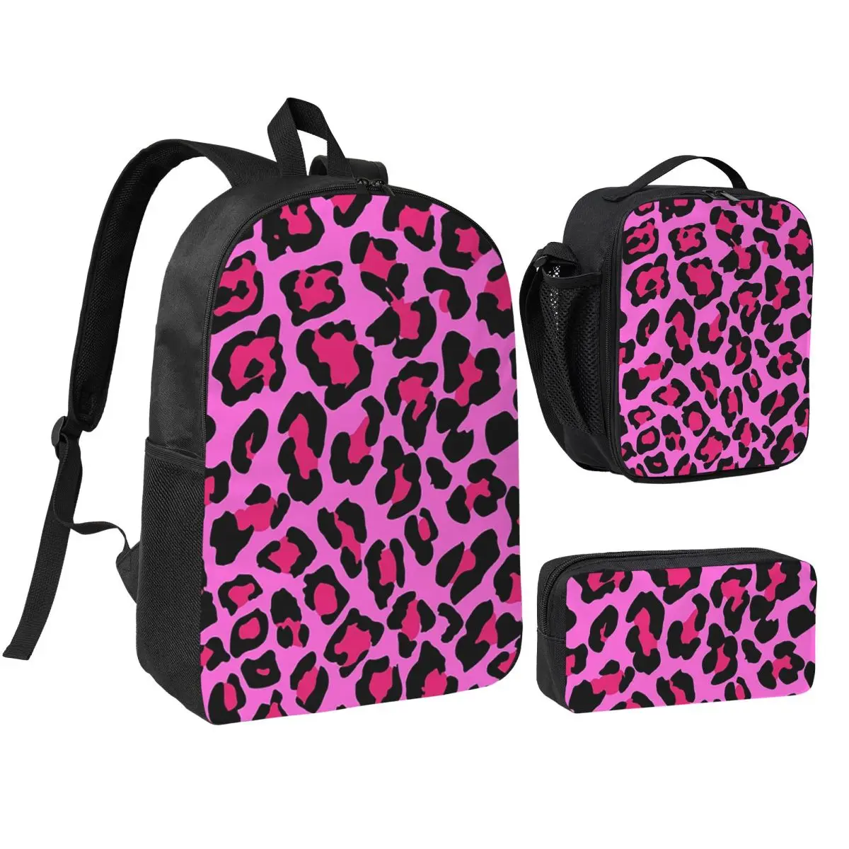 

Neon Pink Leopard Print Cheetah Pattern Backpack Boys Girls BookBag School Bag Shoulder Bags 3ps Insulated Lunch Bag Pencil Case