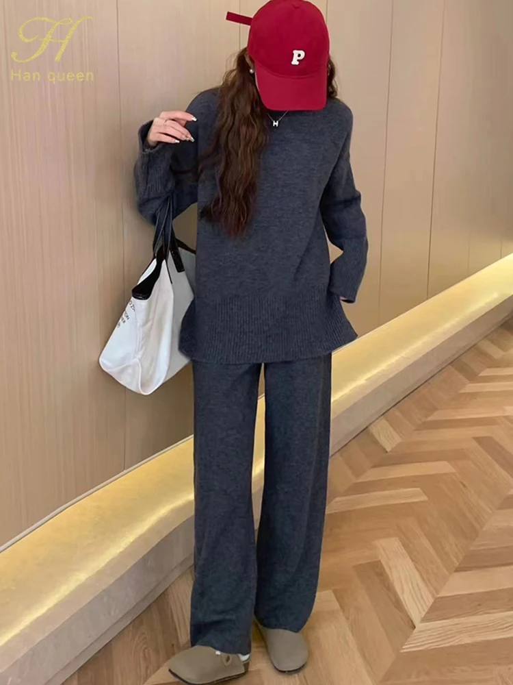 H Han Queen Autumn Winter Knitted Elastic Suit pants Loose Half High Neck Set Casual Female 2 Pieces Set High Waist Pant Sets