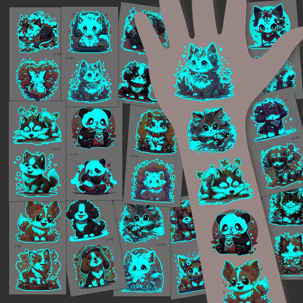 13 Sheets Blue Luminous Animals Tattoos, Pandas Cat Dog Cute Monster Pattern, Music Festival Birthday Party Supply Favors Gifts