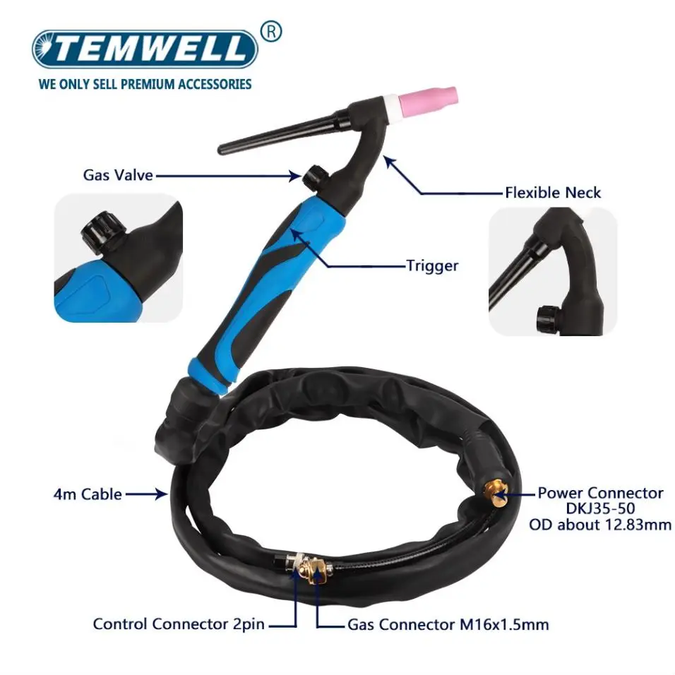 TIG Torch WP26 4m 13ft GTAW Gas Tungsten Arc Welding Gun WP-26 Argon Air Cooled TIG Welding Torch