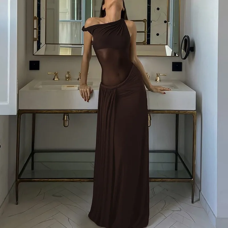 Talenza Fashion Bandage Long Dress Summer Sexy Mesh Strapless Pleated Dress Elegant Sleeveless See Through Women Evening Dresses