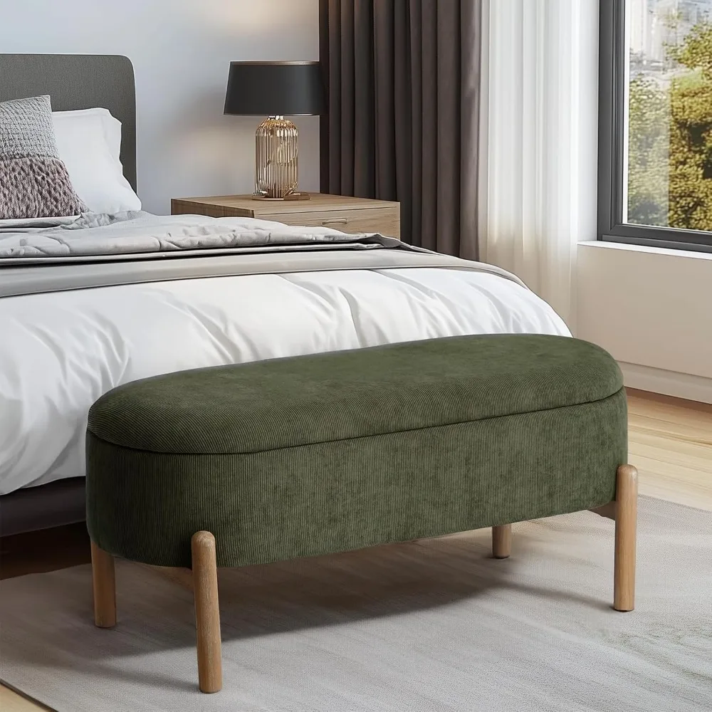 

"Corduroy Storage Bench - Upholstered Oval Ottoman for Bedroom & Entryway, Large End-of-Bed Storage Seat"