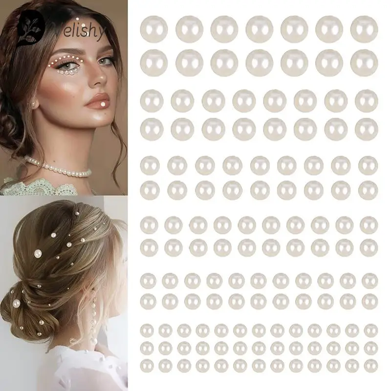 220pc Mix Hair Pearls Stick On Self Adhesive Pearls Stickers Face Pearls Stickers for Hair Face Makeup Nail DIY Crafts