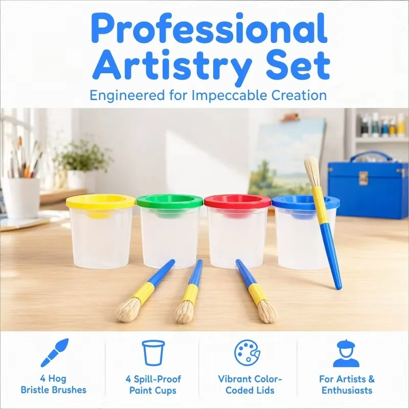 8Pcs Brush Washer & Hog Bristle Brush Set, Spill-Proof Paint Cleaning Bucket with Lid for Beginners & Art Class