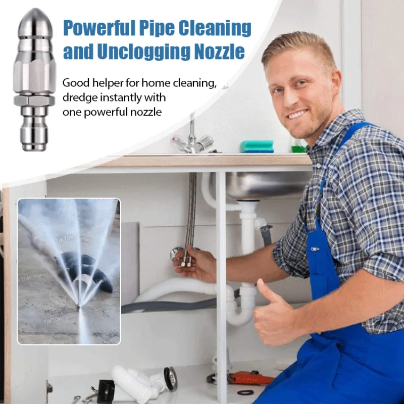 Powerful Sewer pipe unblocking Stainless Steel High-pressure nozzle Quick-connect 1/4 Pipe cleaning Rotating Unblocking Nozzle