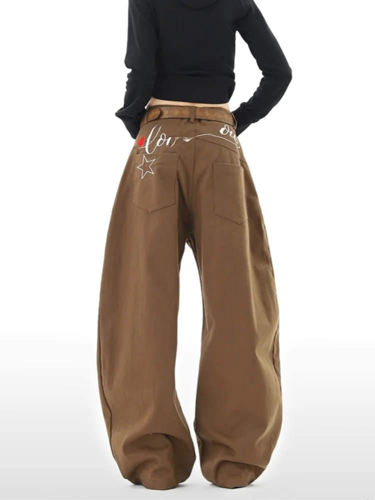 

Мужские повседневные брюки в американском ретро-стиле, широкие джинсы с вышивкой, свободного кроя, длиной в пол, осенние модные брюки