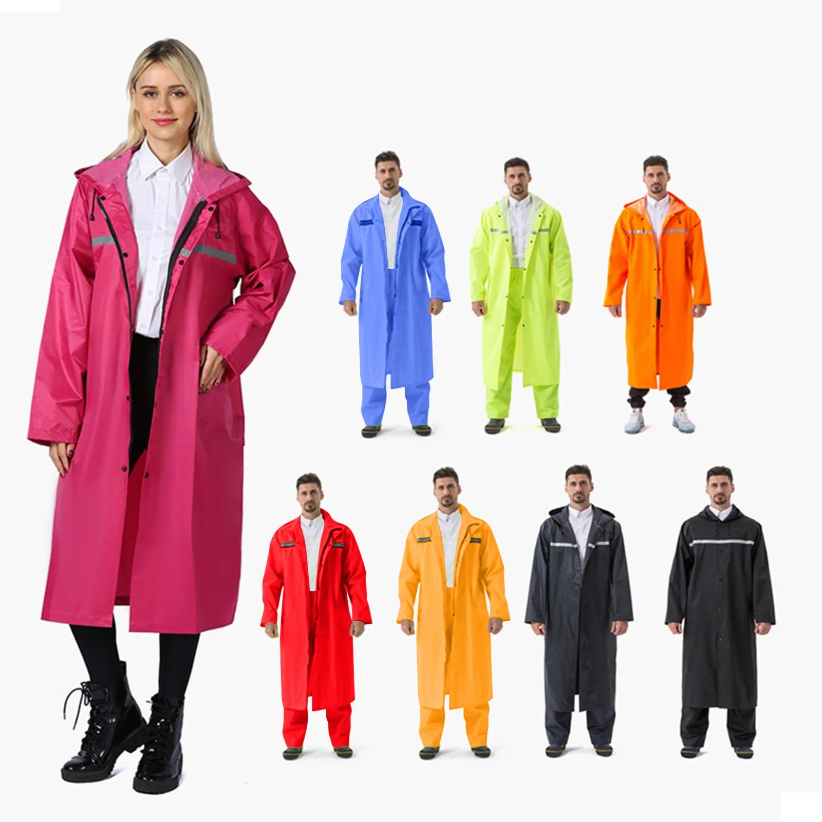 

Men's and Women's Reflective Long Raincoat (single-layer lightweight),Solid Color Zip-up Hooded Rainwear,Waterproof Jacket