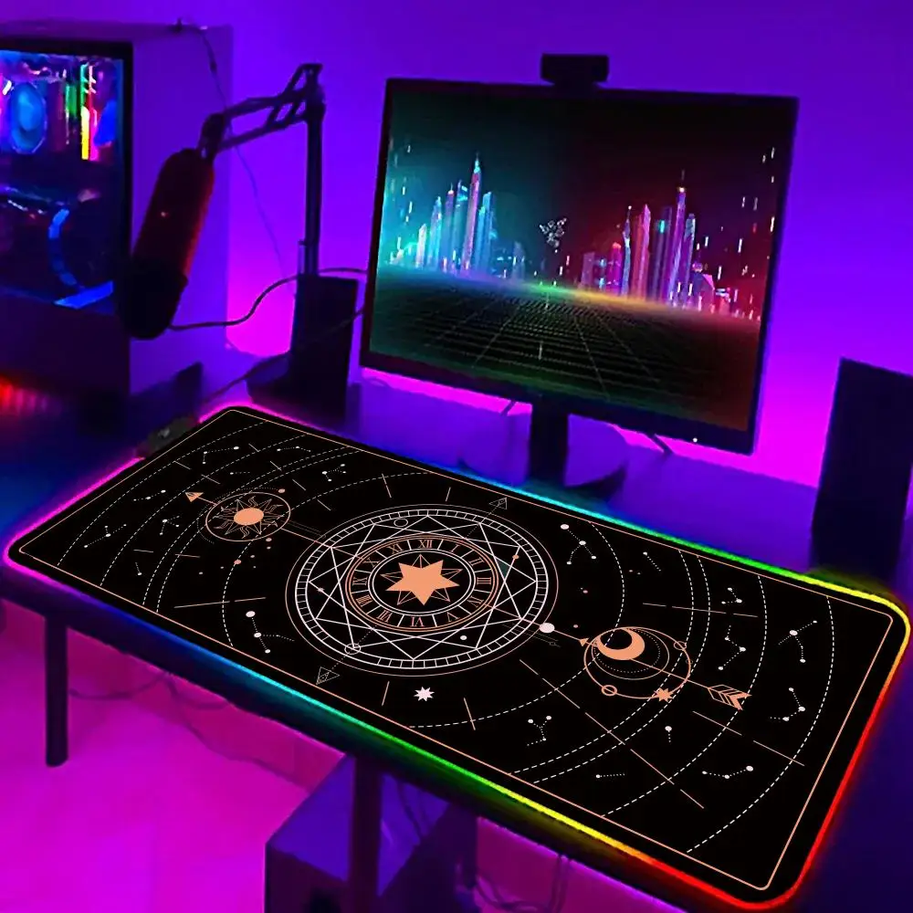 

RGB Mouse Pad Gaming LED Tarot Glowing Mouse Mat 900x400mm Mousepad XXL PC Pastel Moon Phase Deskmat Lock Edge Keyboard Rug Gift