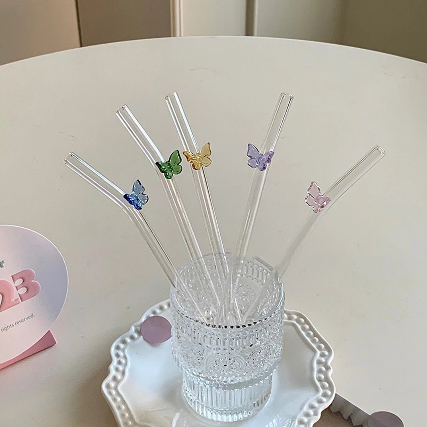 Reusable Drinking Glass Straws with Butterfly for Smoothies Cocktails Bar Eco-Friendly Drinkware Straw with Clean Brush