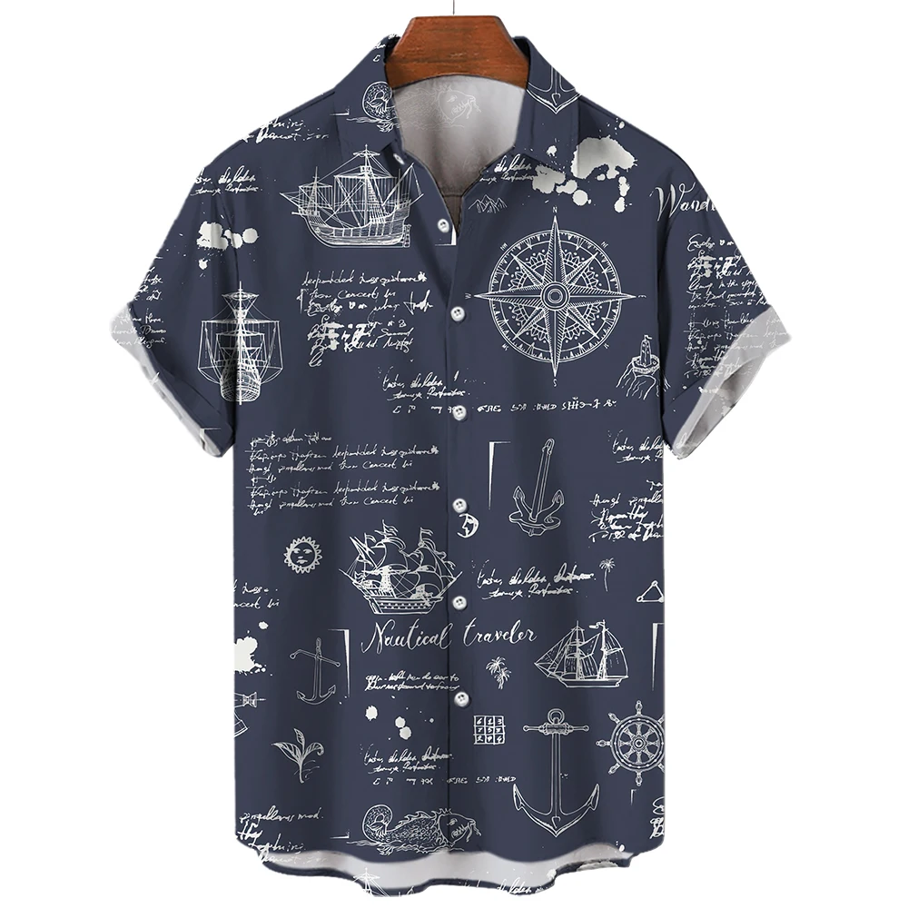 Retro Shirt with Rudder and Sailboat World Pattern Suitable for Men and Women, Hawaiian Summer Beach Style Casual Lapel Shirt
