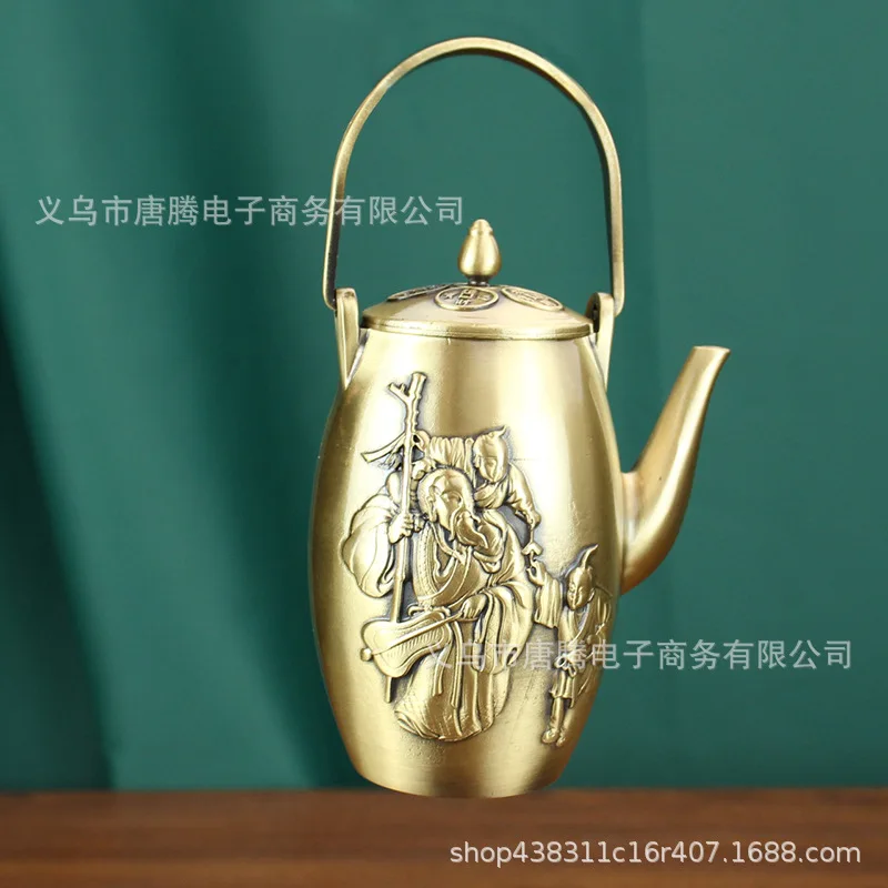 

Brass Metal Craft Ornament Man Longevity Star Old Handheld Teapot Polished Pure Copper Rice Attracting Treasure Small