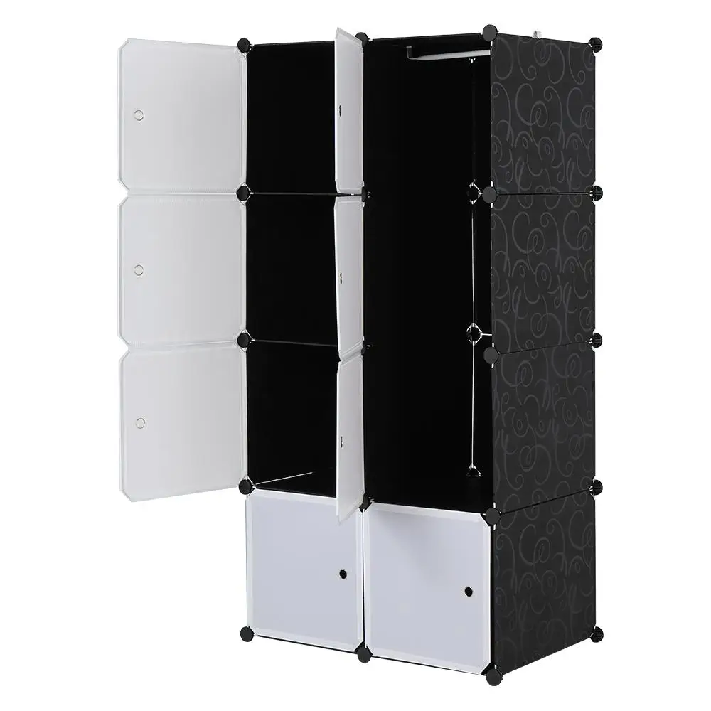 

Modular 8-Cube Storage Organizer - Stackable Plastic Shelves with Hanging Rod, White Doors & Black Panels