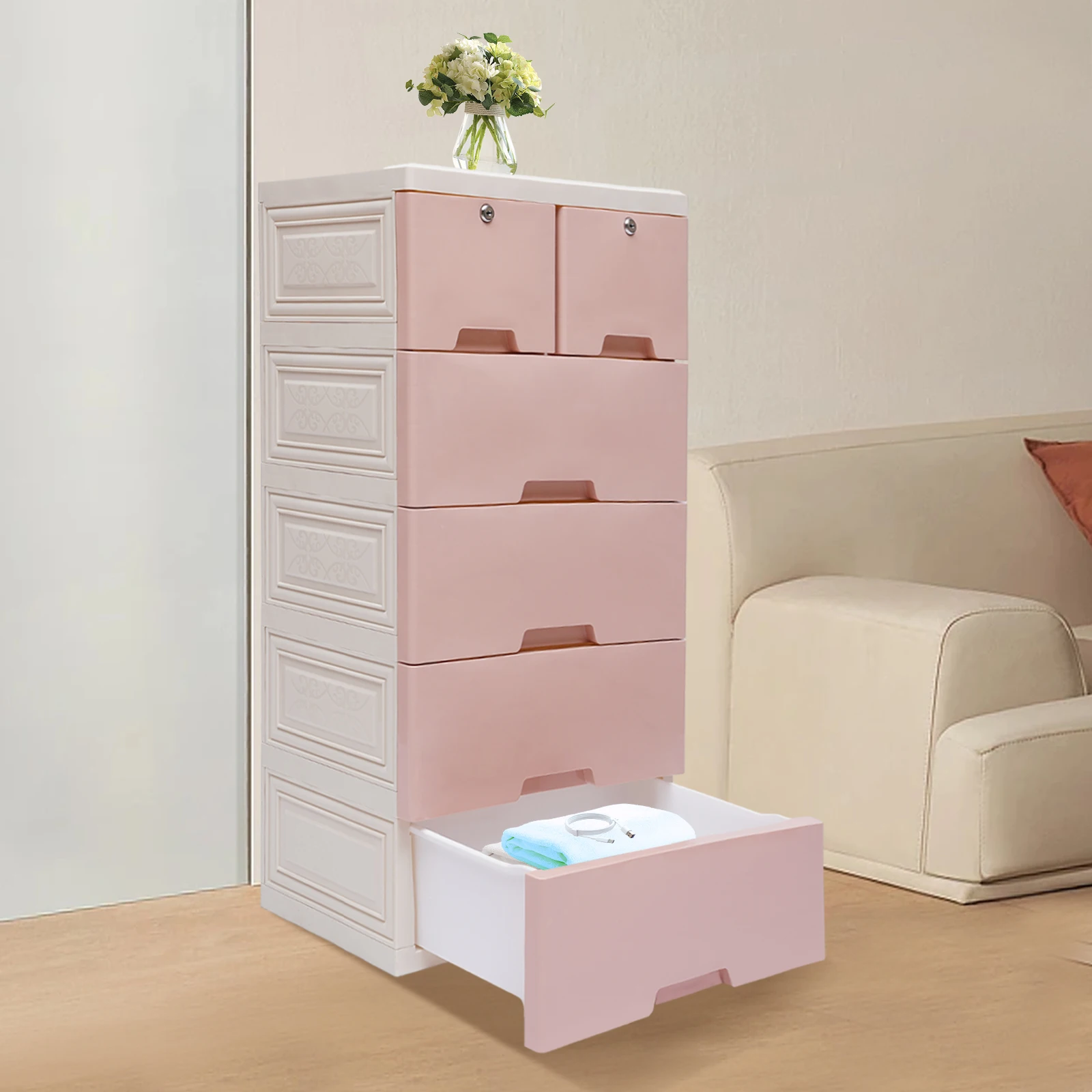 

Easy-Assemble Multi-Functional Storage Cabinet Top-Layer Locks Round Edges Hand-Pull Groove Ideal For Home&Beauty Shops