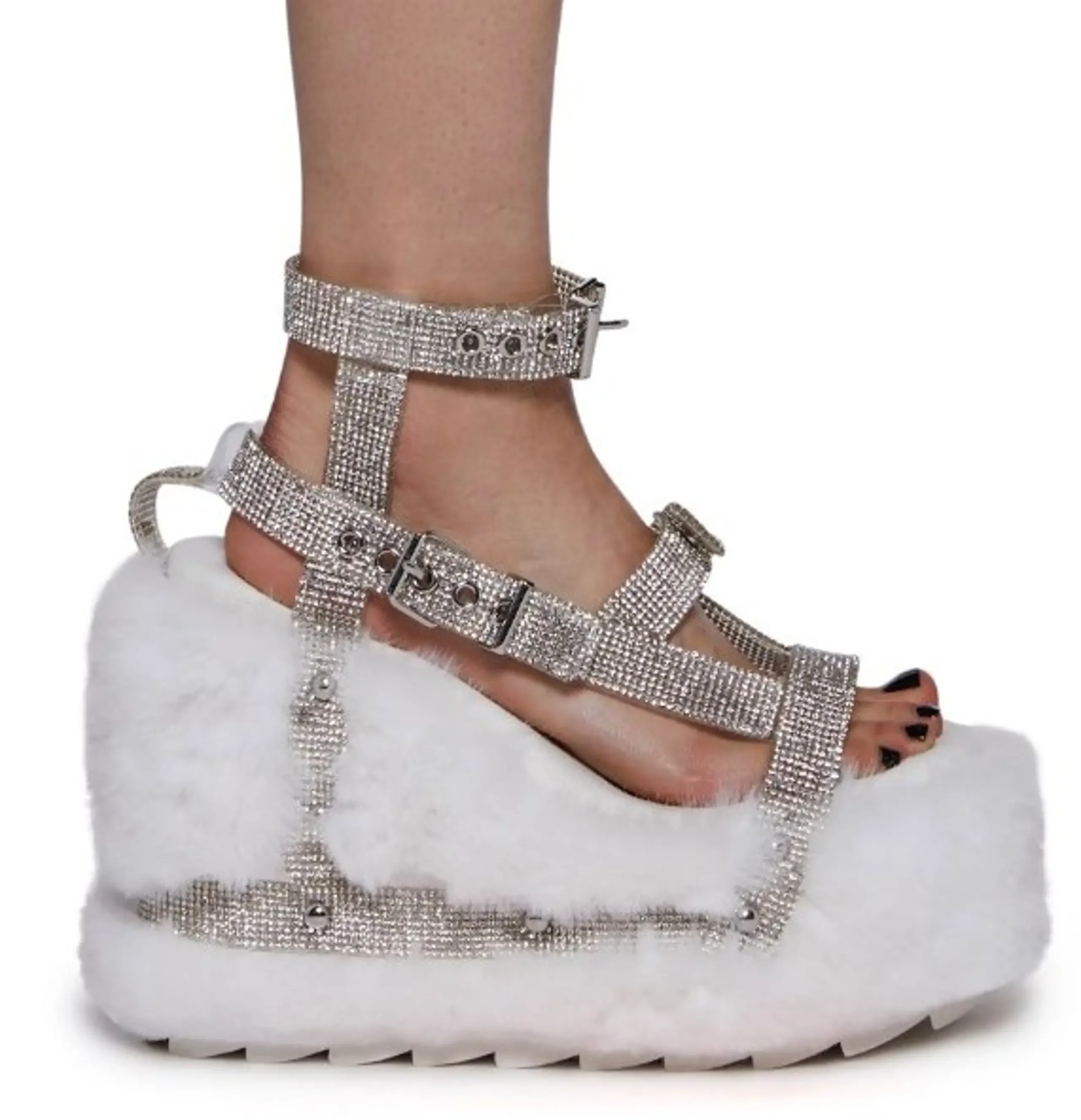 

Custom Faux Fur Wedges Platform Sandals Multi-Buckle Rhinestone Straps Design Slingback Round-Toe Women's High Heel Shoes