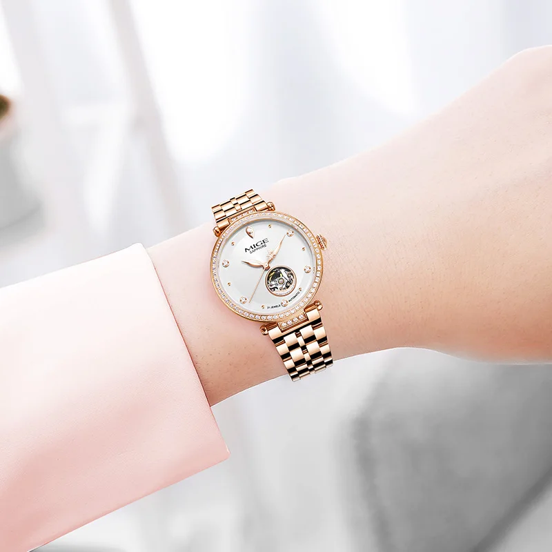 MIGE Orologi di marca di lusso da donna Orologi da polso meccanici da donna impermeabili con diamanti a carica automatica in acciaio inossidabile