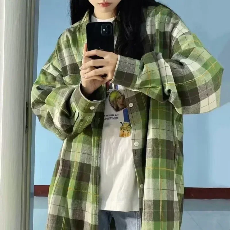 DAYIFUN-Ladies' Green Plaid Thin Shirt,Summer Autumn,Casual,Turn Down Collar Clothes,Long Sleeves,Versatile,Couple Loose Top