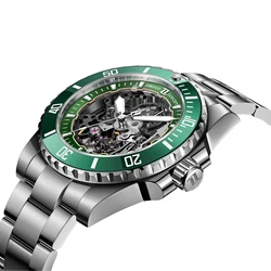 OBLVLO Brand Mens Stainless Steel Green Skeleton Dial  Automatic Watch Super Luminous Waterproof Sport Watch Reloj DM