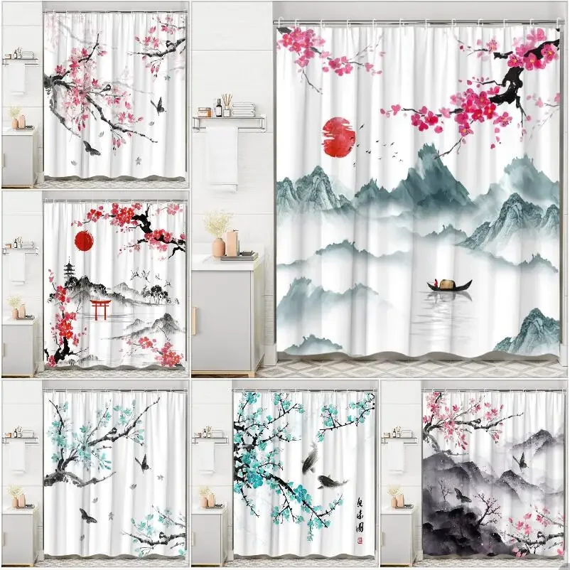 Japanese Shower Curtain, Traditional Ink Painting Cherry Blossom Mountain Butterfly Bird Cat Red Sun Boat Bathroom Decoration