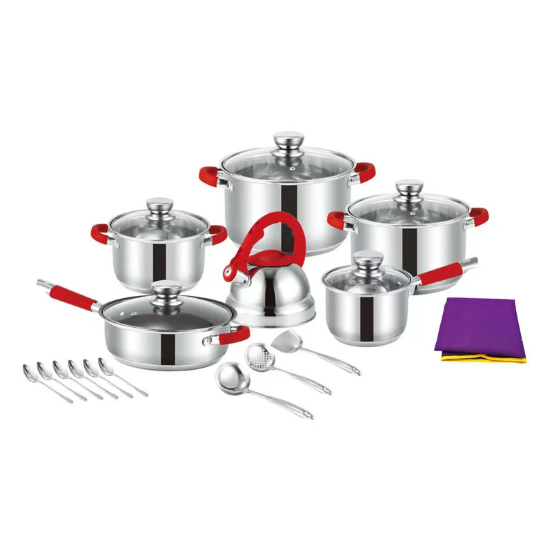 Custom Stainless Steel Pot Set With Glass Lid And Silicone Handles For Hot Pot Cooking Includes Kettle Milk & Soup Pots
