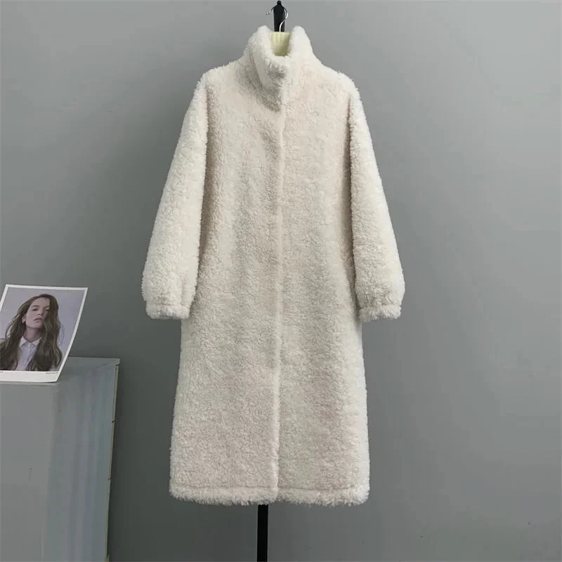 Stand Up Collar Medium Long Fur One-piece White Warm Fluffy Coat Women Sheep Velvet Fashion Medium Long Outerwear Overcoat