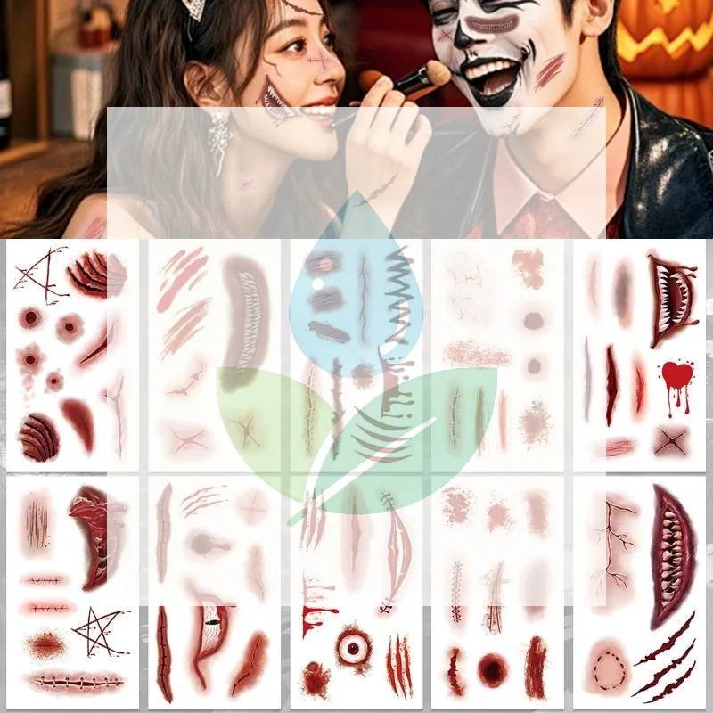 10 Sheets 3D Realistic Scar Tattoos Waterproof Fake Bloody Wound Stickers For Halloween Cosplay Face Body Makeup Adults