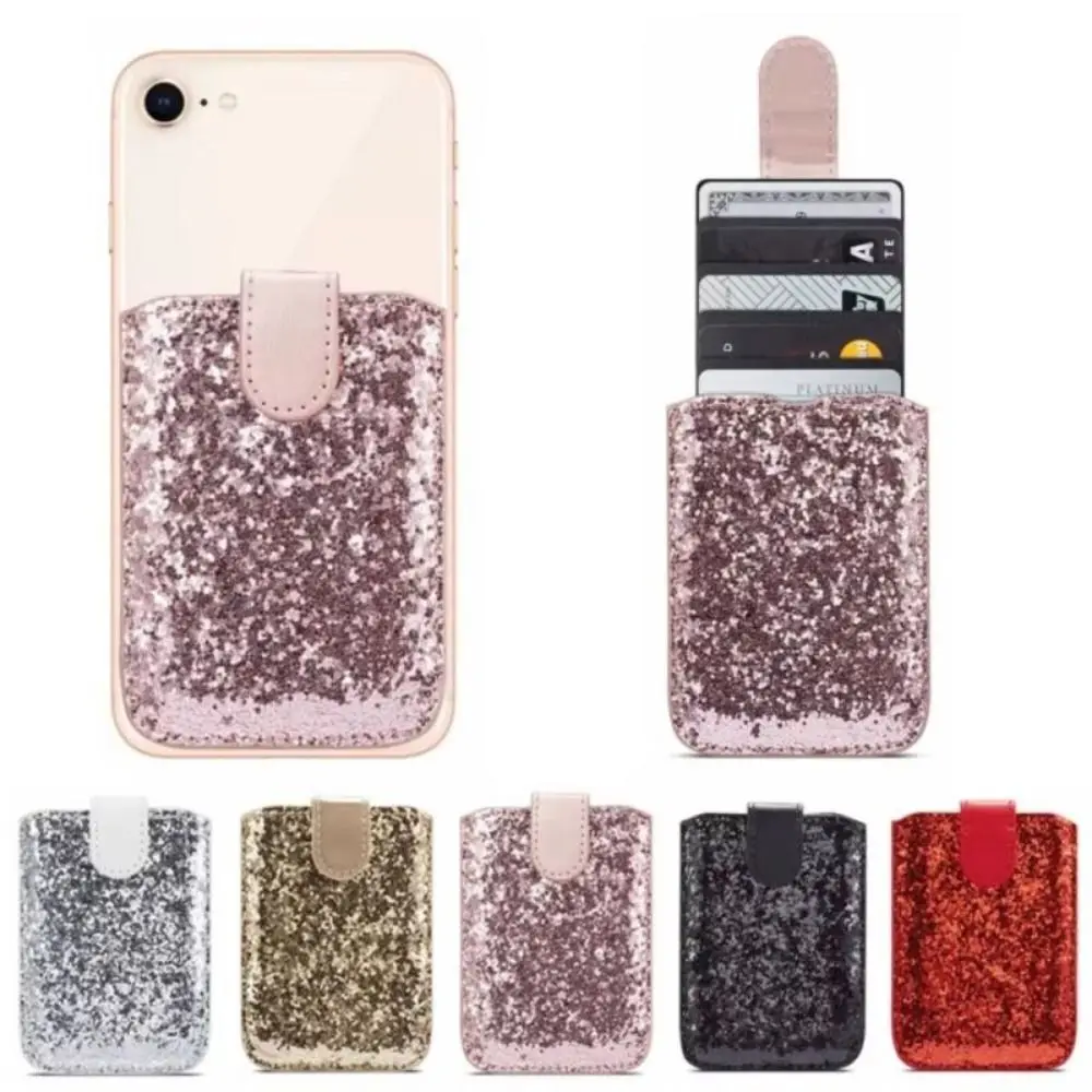 5 Card Pockets Phone ID Card Holder RFID Blocking Adhesive Cell Phone Wallet Case PU Leather Solid Color Sequins Card Sleeve