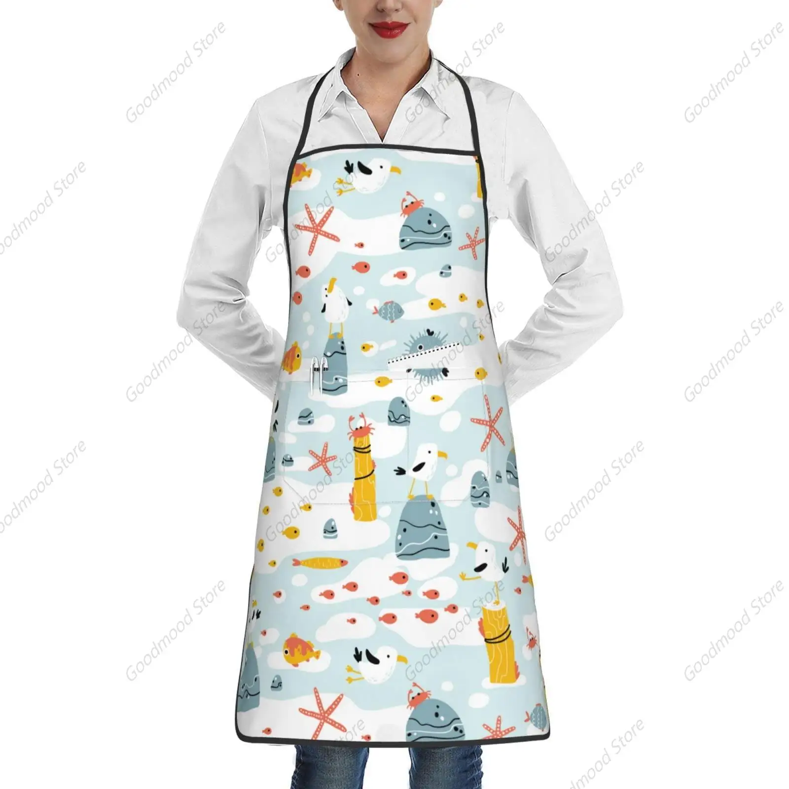 Funny Gulls and Marine Animals White Apron for Women Men Teen with Pockets Aprons for Cooking Chef Kitchen BBQ