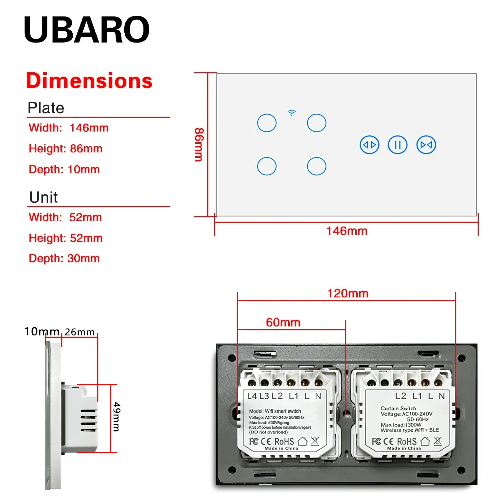 UBARO 146×86mm Tempered Glass Tuya WiFi Smart Touch Switch,1/3/4 Gang Light+Curtain Control,Neutral Wire Required,Alexa Google V