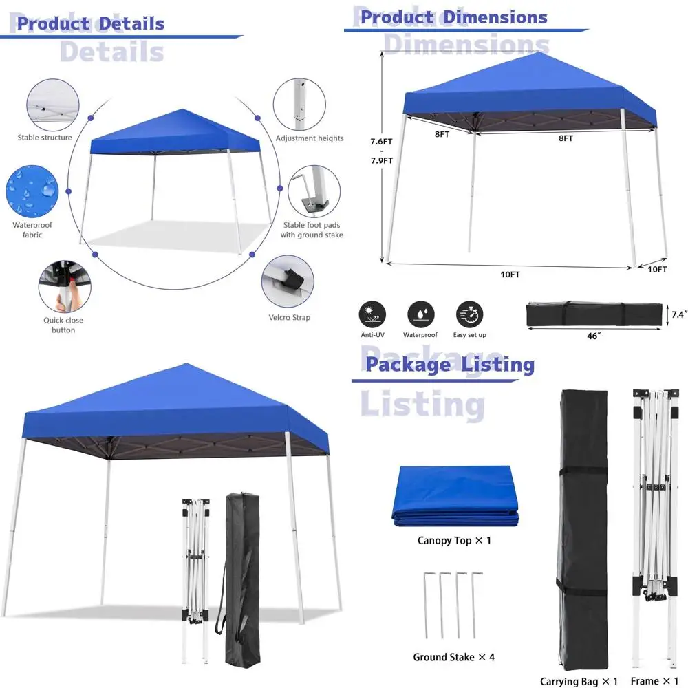 

Палатка-шатер 3х3 м (10x10 футов) с наклонными ножками, сумкой для переноски, идеально подходит для улицы, патио, сада, пляжа - синее покрытие 2,4х2,4 м (8x8 футов)