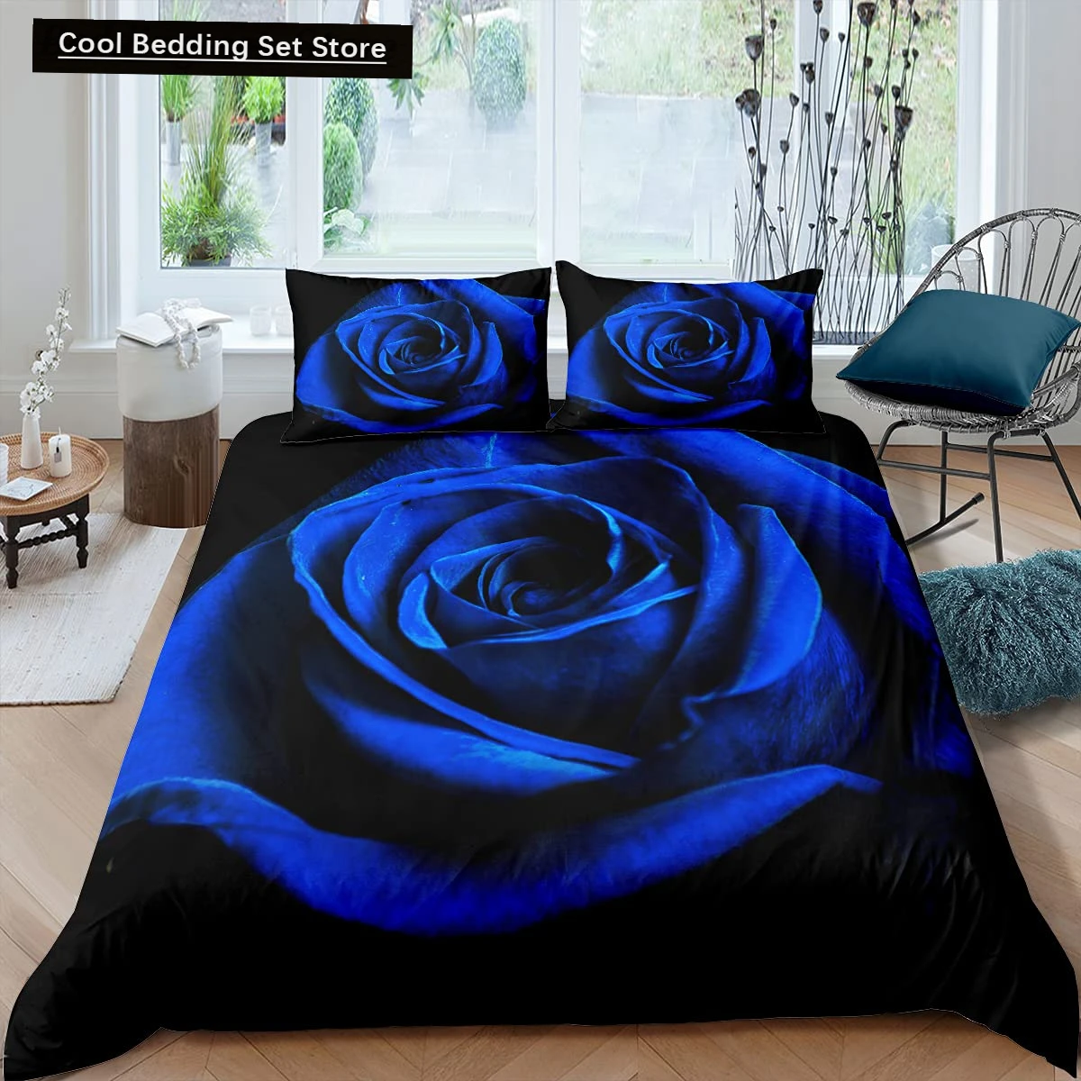 

Blue Rose Floral King Queen Duvet Cover 3D Blossom Flowers Bedding Set Valentine's Day Quilt Cover Botanical Comforter Cover