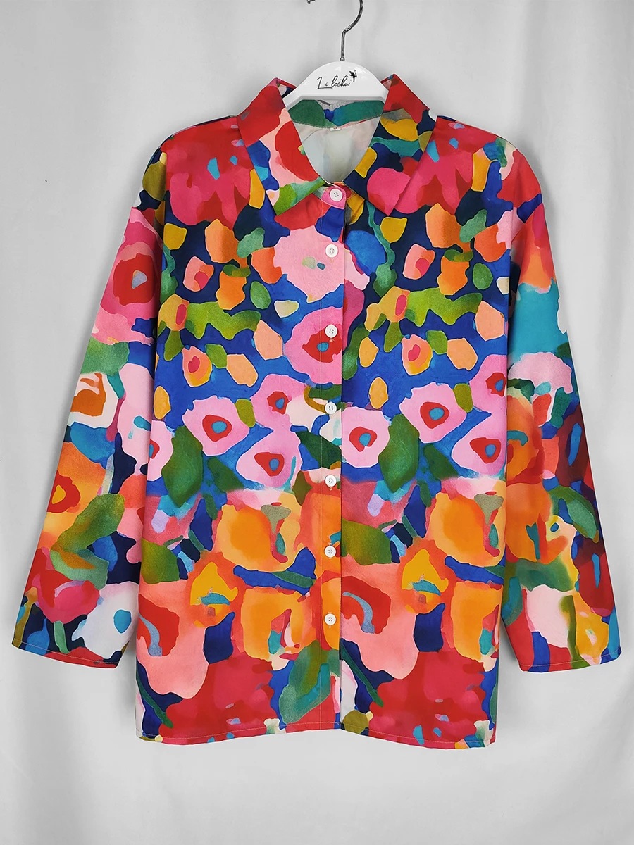 Women Fashion Plus Size Floral Print Blouse Loose Button Down Shirt Vintage Abstract Colorful Art Long Sleeve Casual Top image 6