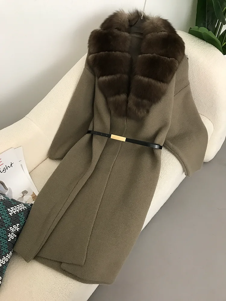 Frauen Natürliche Fuchs Pelz Kragen Gürtel Lange Lose Dicke Warme Oberbekleidung Pullover Stricken 2025, Echt Pelzmantel Winter Jacke