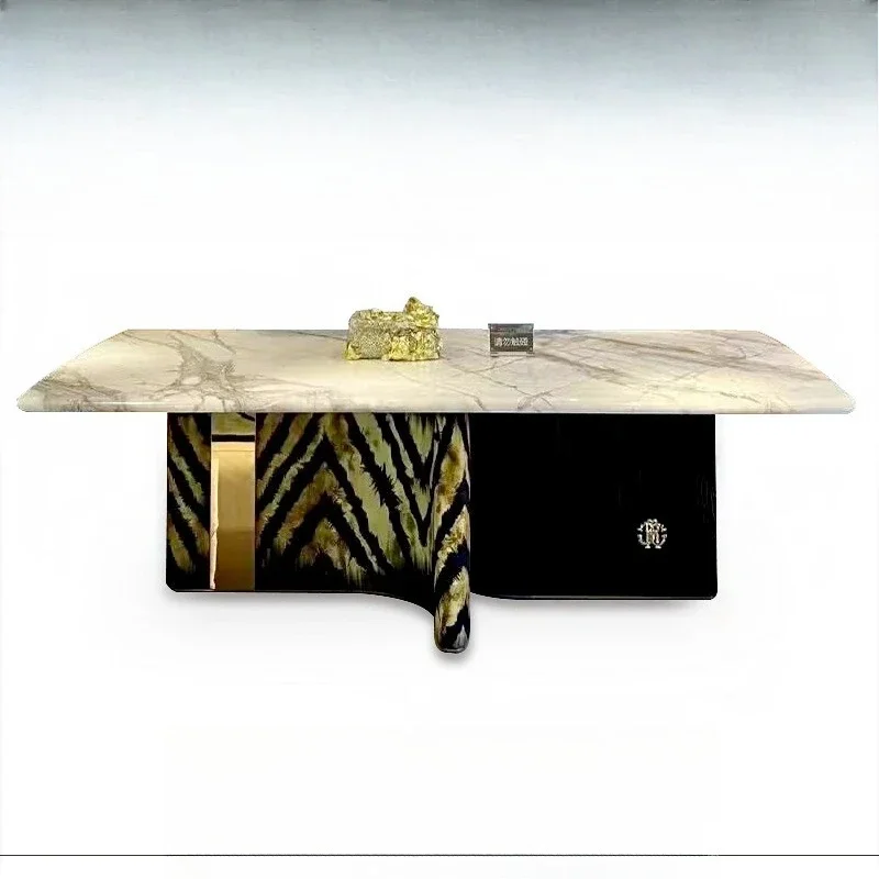 Marble rectangle, solid wood dining table villa, premium dining table