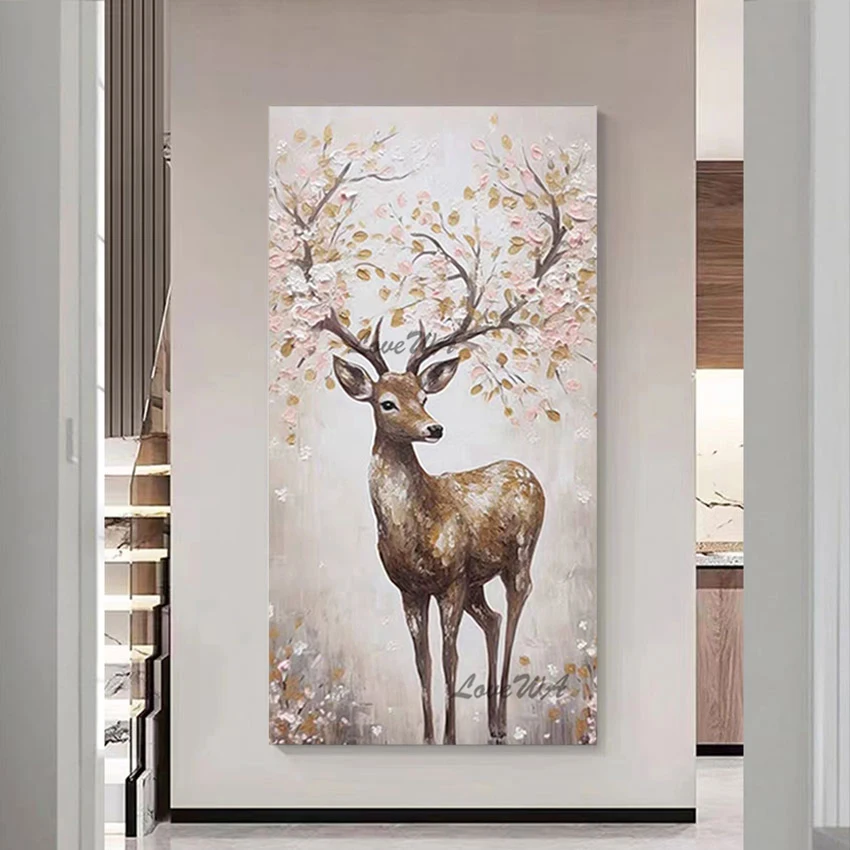 Large Size Deer Abstract Canvas Painting Acrylic Artwork, 3D Animal Modern Art Decor Frameless, Wall Pictures For Baby Room