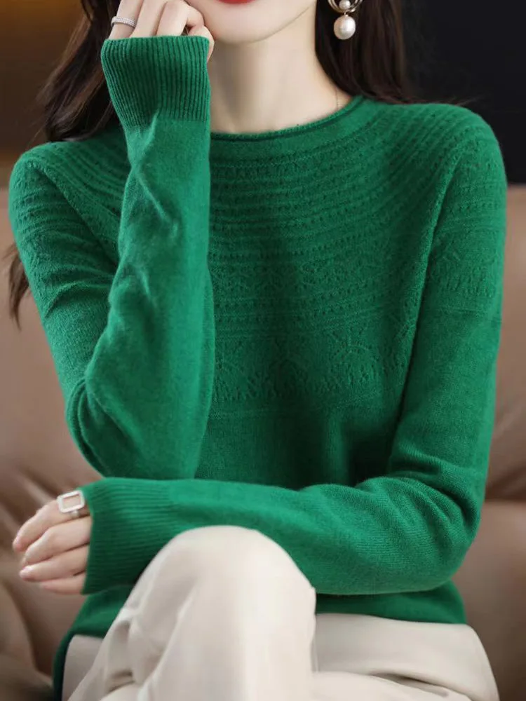 

New autumn winter 100% wool single-line ready-to-wear hollow women's pullover O-neck cashmere sweater knitted solid color tops