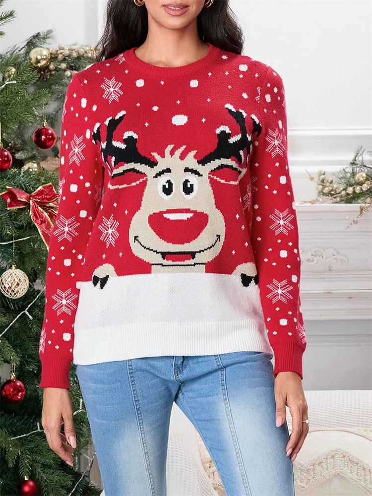 CHRONSTYLE Women Christmas Sweaters Autumn Winter Warm Loose Reindeer Print Round Neck Long Sleeve Pullovers Knitted Xmas Tops