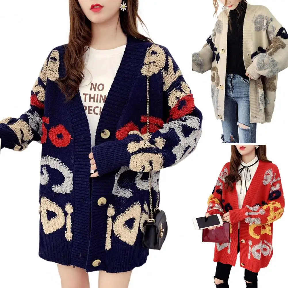 Women Sweater Coat Cozy Knitted Sweater Coat for Women Mid Length Loose Cardigan with Letter Pattern Thick Winter Jacket