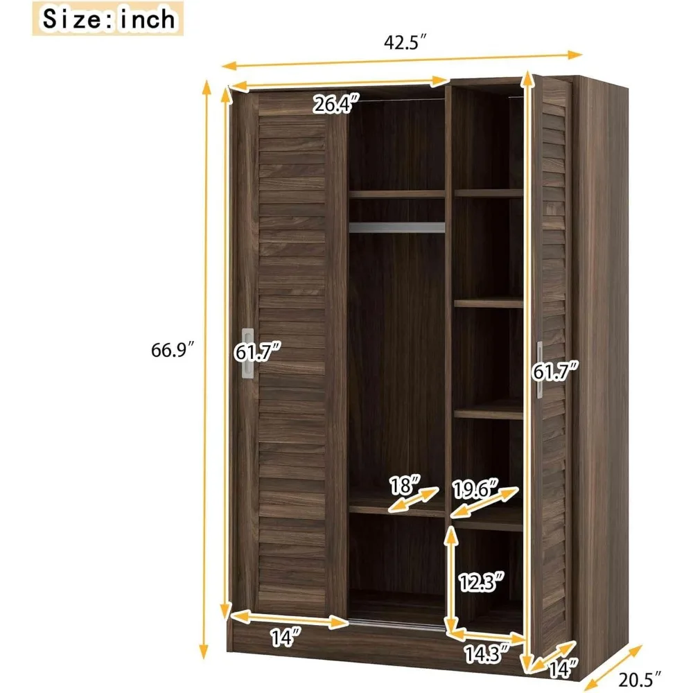 Shutter Wardrobe Closet with Storage Shelves & Hanging Rods and 2 Sliding Door, Freestanding Armoire, Clothes Organizer