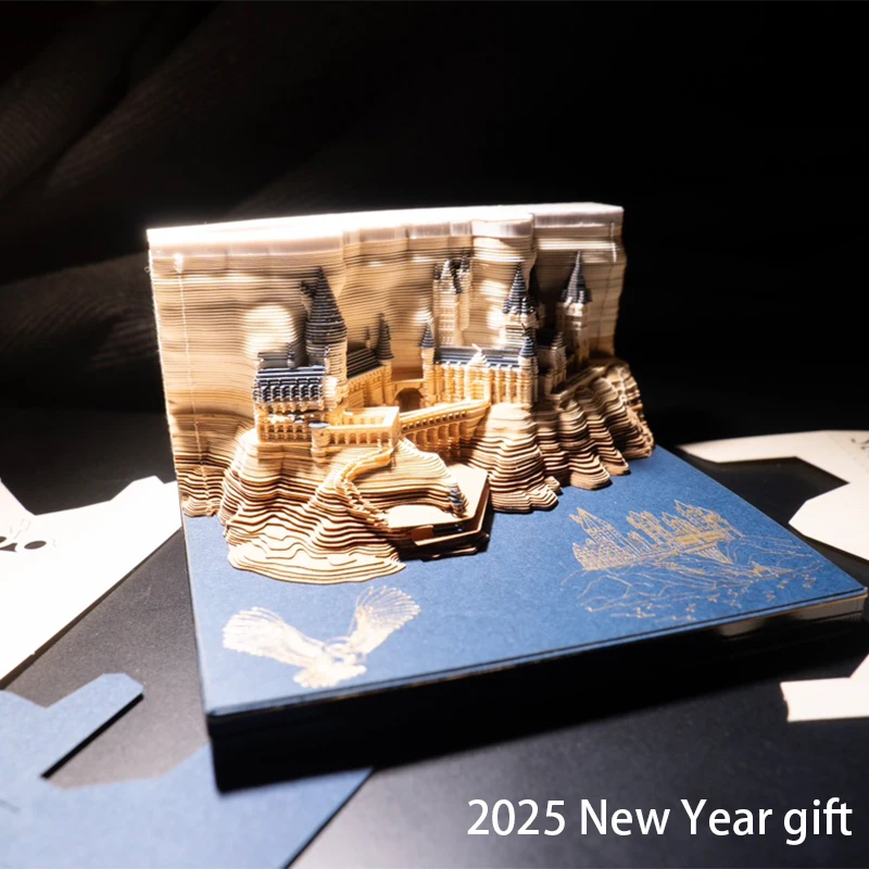 Autocollant de calendrier de château magique de Poudlard créatif avec lumière, château à la main 3D, cadeau de nouvel an, cadeau d\'anniversaire, 2025