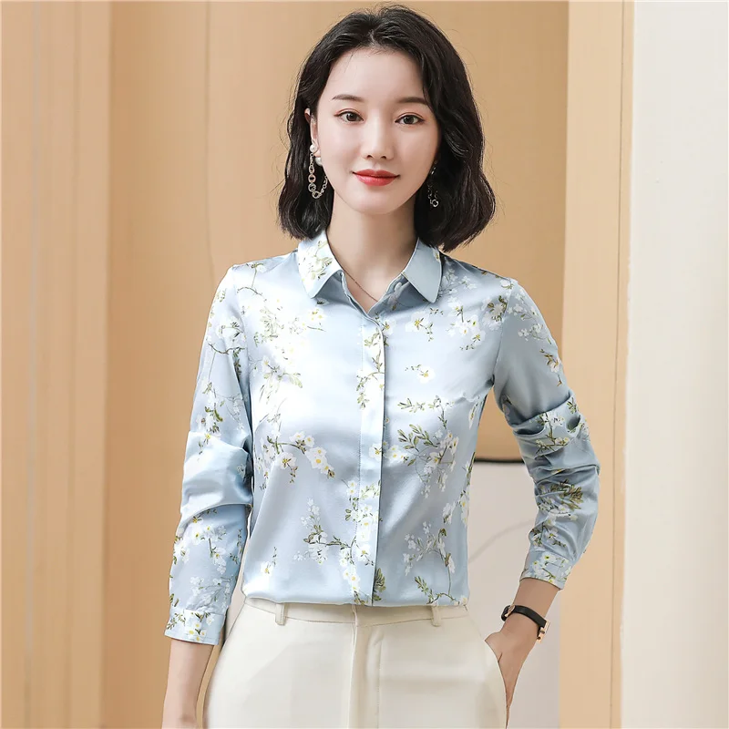 S-4XL White Flower Women\'s Satin Silk Shirt Blouse Korean Fashion Long Sleeve Print OL Work Shirt Elegant Female Tops Clothing