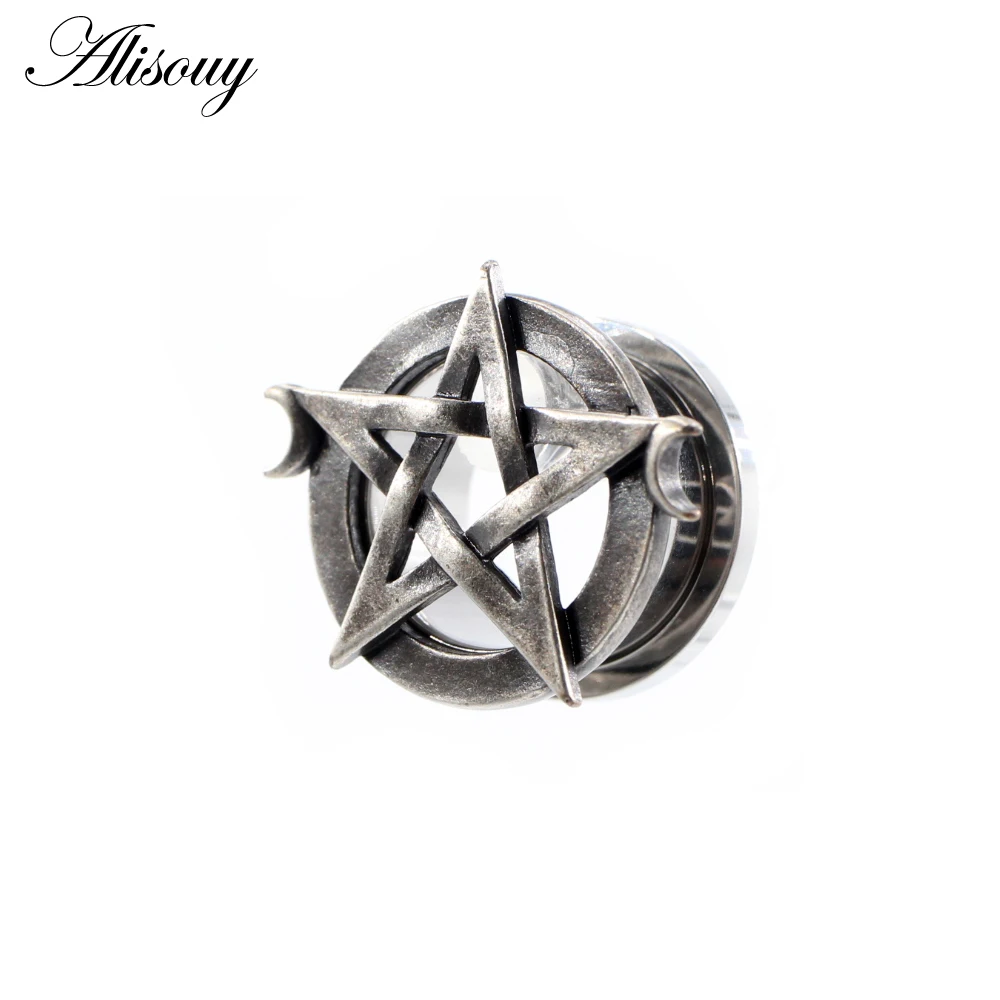 Alisouy 2pcs 8mm-25mm Punk Stainless Steel Star Moon Unscrew Ear Tunnels Plugs Expander Stretcher Gauges Body Piercing Jewelry
