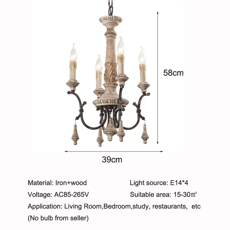 4 Heads French Retro Wooden Chandelier Living Room Dining Room Bedroom American Villa Personalized Iron Decor Pendant Lamp