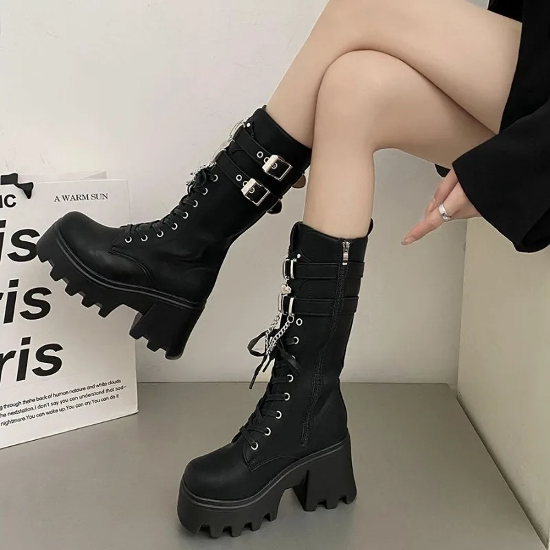 Women\'s Punk Gothic Boots 2023 Fashion Buckle Chain High Heels Mid Calf Boots Women Black Pu Leather Plus Size 42 Autumn Botas