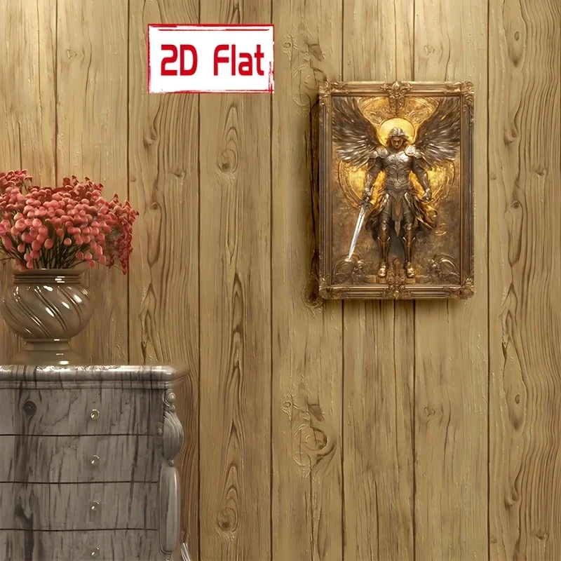 2D flat metal sign featuring the golden wings of the Archangel Michael, vintage art decorative poster, pre-drilled for easy hanging, suitable for home, garage, club, restaurant wall decoration, outdoor sign, no electricity required view 5