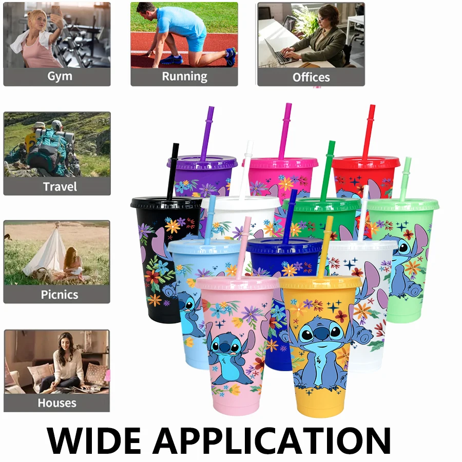 12 sztuk/opakowanie Disney Stitch kwiatowy kubek na wodę 770 ml wielokolorowy plastikowy zestaw do napojów na przyjęcie urodzinowe/powrót do szkoły