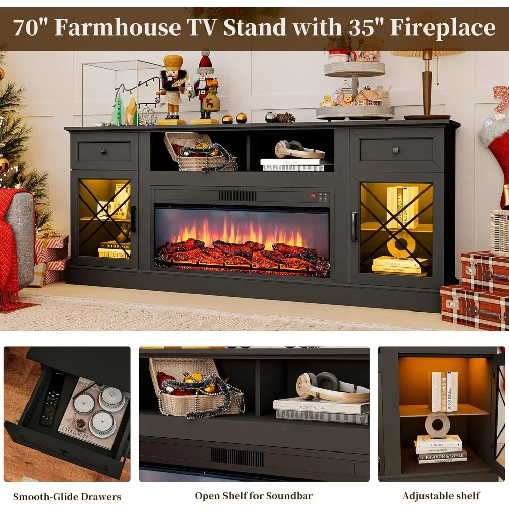 حامل تلفزيون حديث مقاس 70 بوصة مع مدفأة كهربائية لأجهزة التلفاز حتى 80 بوصة، أضواء LED، باب زجاجي، مركز ترفيه