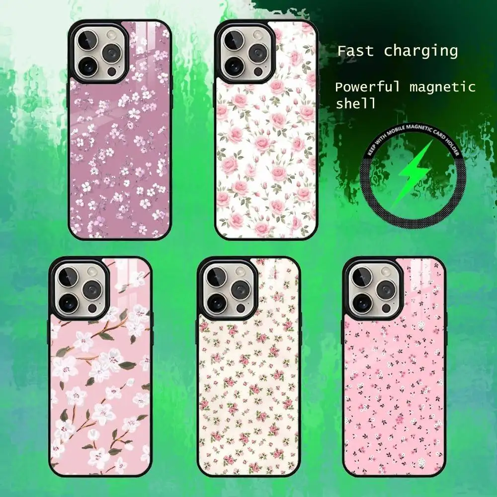 

Pink Floral Phone Case For iPhone17,16,15,14,13 Plus,Pro Max Magnetic For Magsafe Wireless Charging